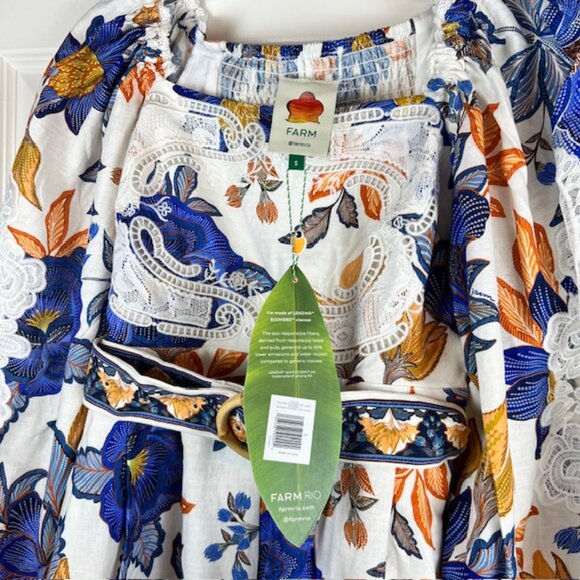 FARM Rio Off-White Summer Flowers Lenzing™ Ecovero™ Euroflax™ Romper Sz  S - Picture 5 of 8